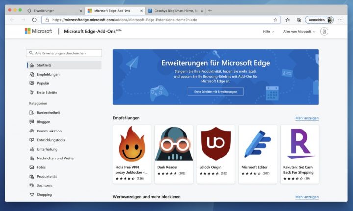 Microsoft Edge: Neue Erweiterungsseite Ist Online