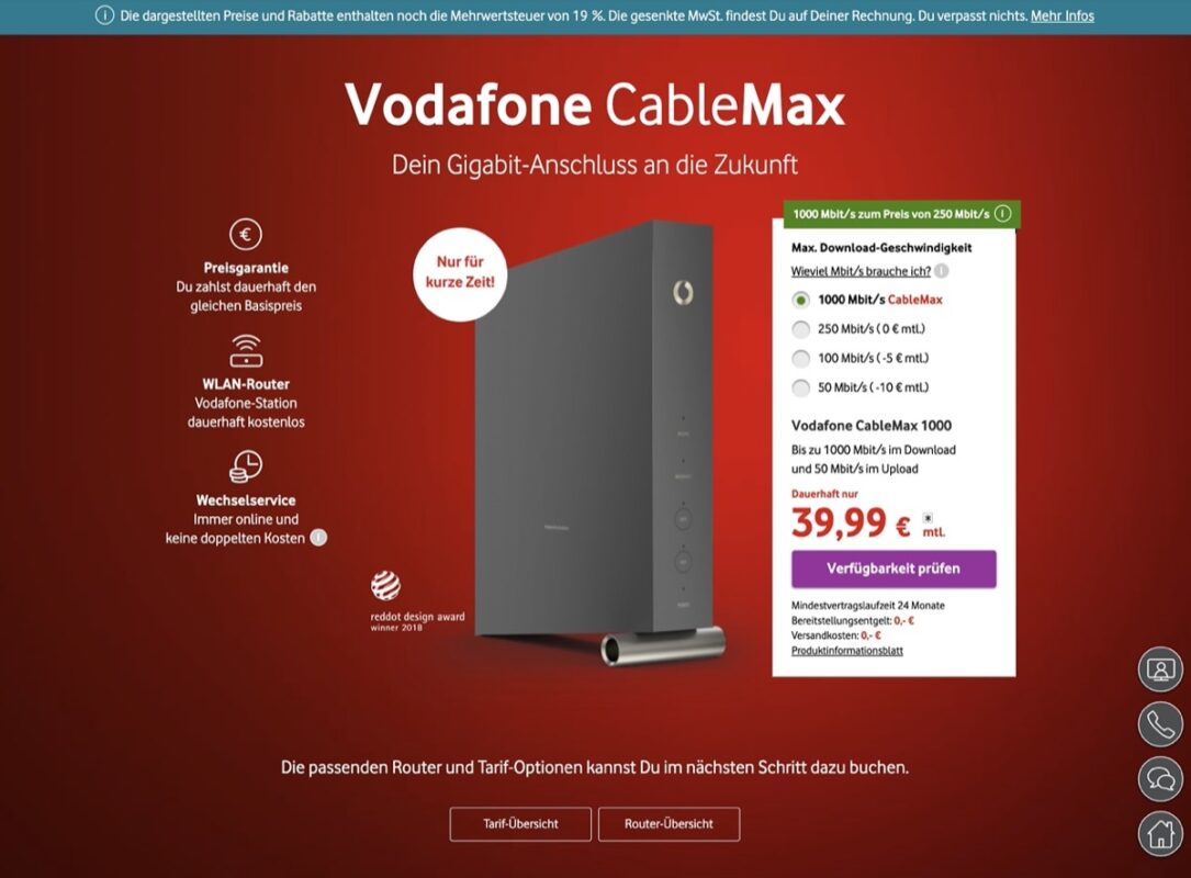 Vodafone CableMax Gigabit für dauerhaft 39,99 Euro ab sofort und bis