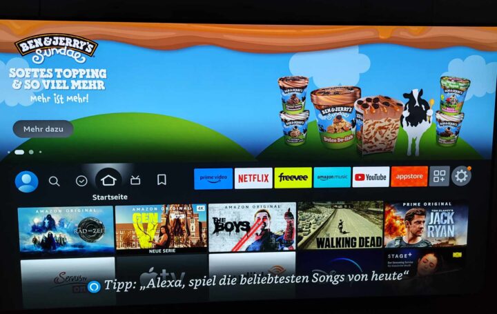 Am Fire TV Stick 4K Max haut das UI auch Werbung für Eiscreme und mehr raus.