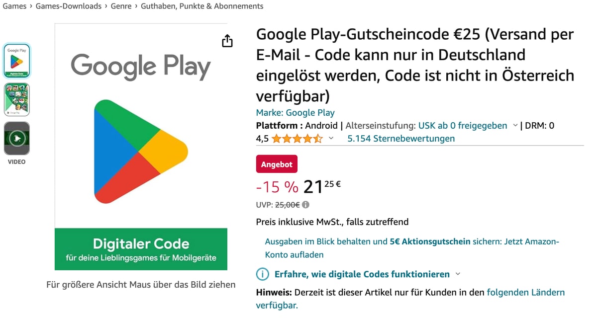 Google Play: Gutscheincodes bei Amazon mit Rabatt