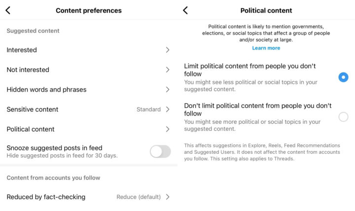Bei Instagram und Thread könnt ihr für euch die Sichtbarkeit politischer Inhalte beschränken.